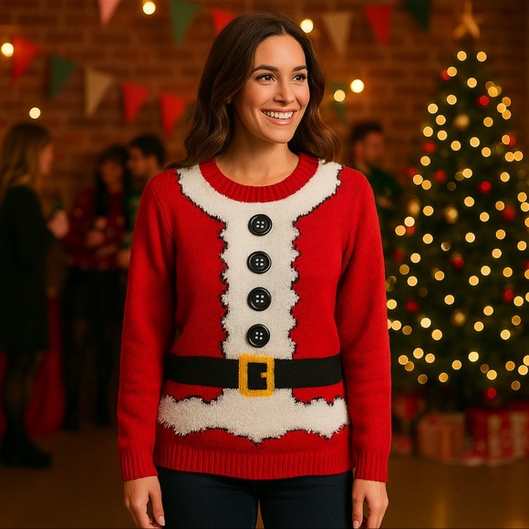 Merry Christmas Sweaters - Merry Christmas Santa Costume Red Fuzzy Button Ugly Holiday Sweater Women’s M